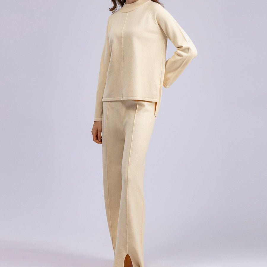 Loose Fit Solid Color Knit Two - Piece Set | Pullover Sweater & Wide Leg Pants with Side Slits(MS143) - Mariam's Collection