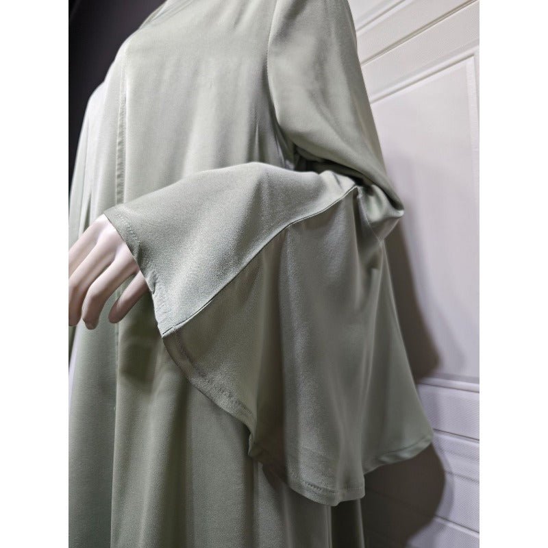 Lotus Leaf Sleeve Solid Soft Satin Open Front Abaya Dress | Lightweight Modest Abaya Cover(MOA220) - Mariam's Collection