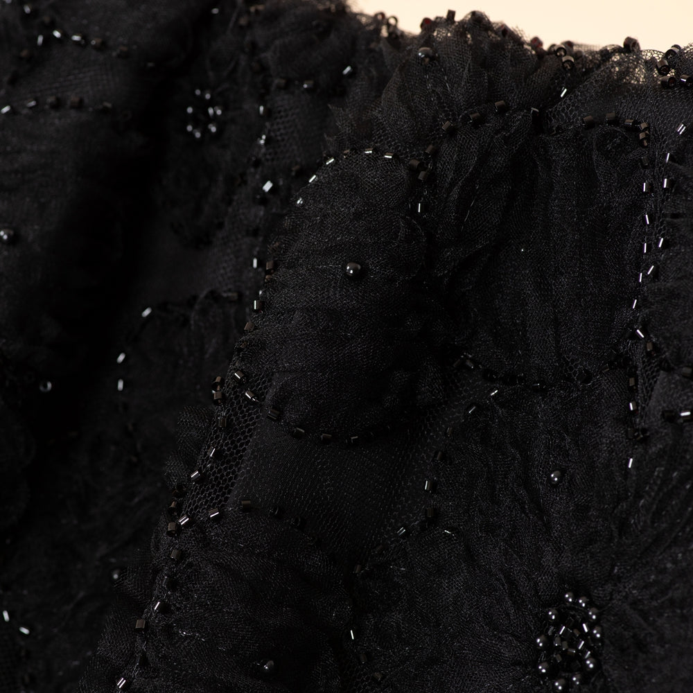 Full-length front view of 3D embroidered satin abaya styled for formal occasion
