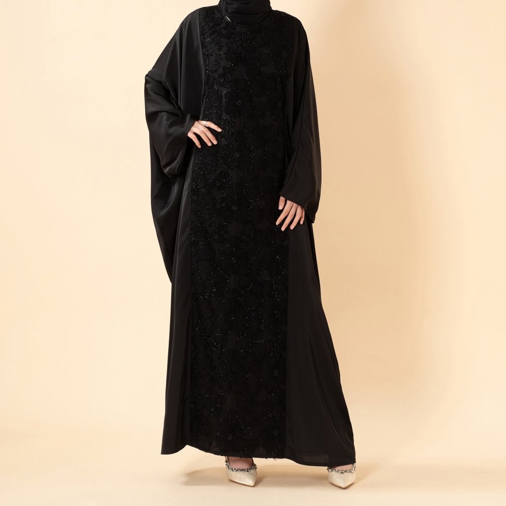 Luxury 3D Ribbon Embroidered Batwing Abaya – Satin Party Abaya