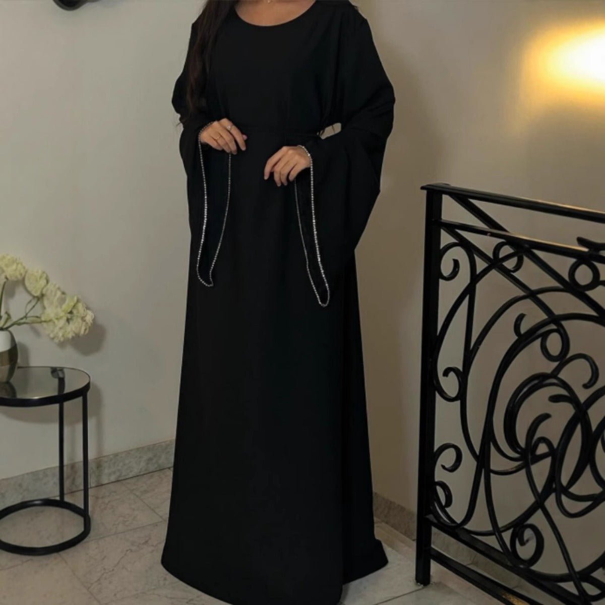 Luxury Loose Cuff Chain Abaya Dress - Modest Long Sleeve Elegant Robe with Silver Detailing(MA278) - Mariam's Collection