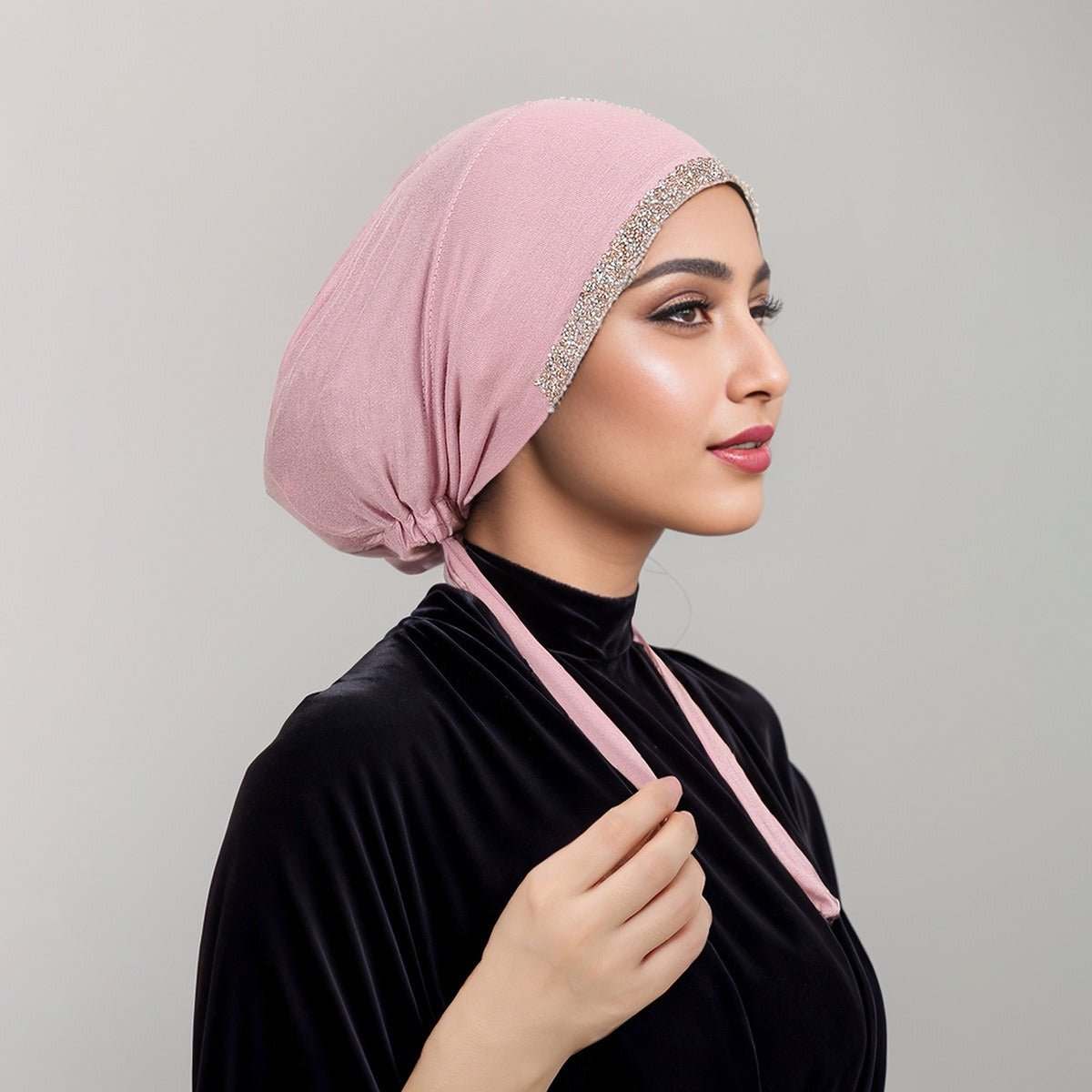 Luxury Modal Cotton Hijab Cap Crystal - Embellished Elastic Lace - Up Undercap with Breathable Design. (MH115) - Mariam's Collection