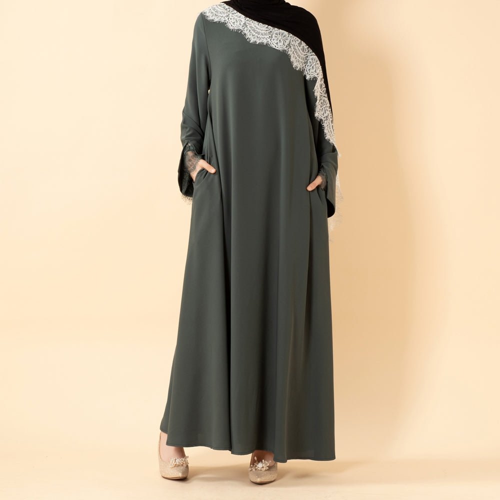 Colour swatch selection for Nida umbrella abaya with lace trim