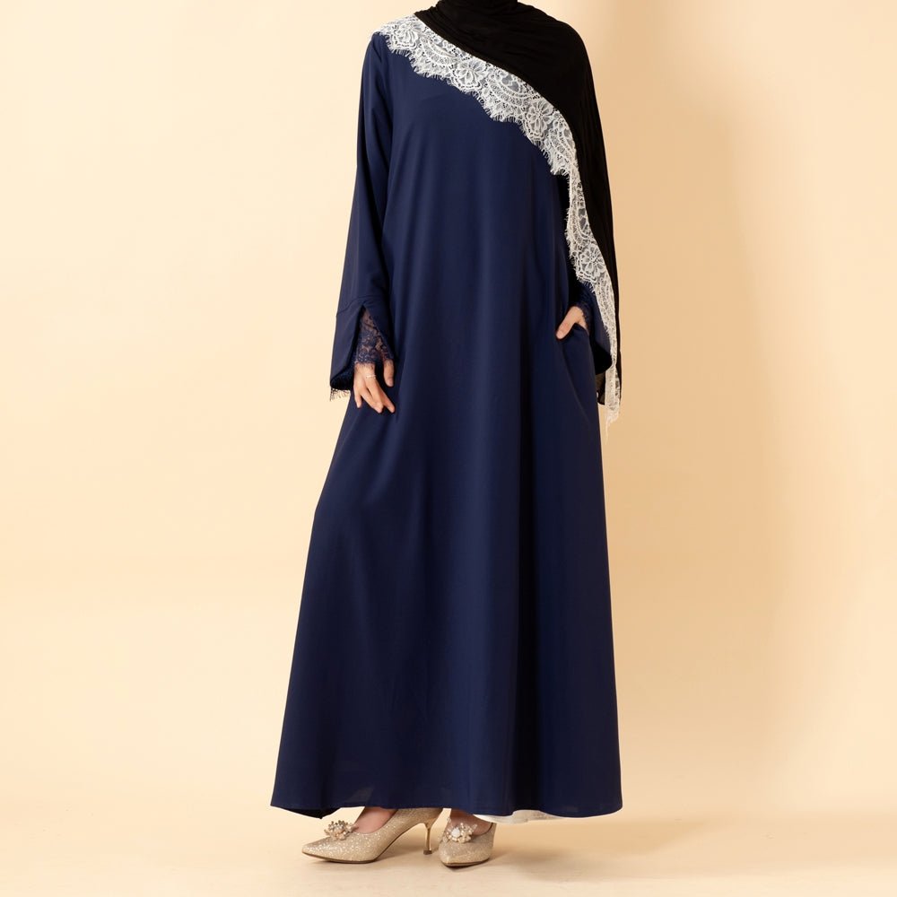 Alternative colour option of lace cuff Nida abaya full-length view