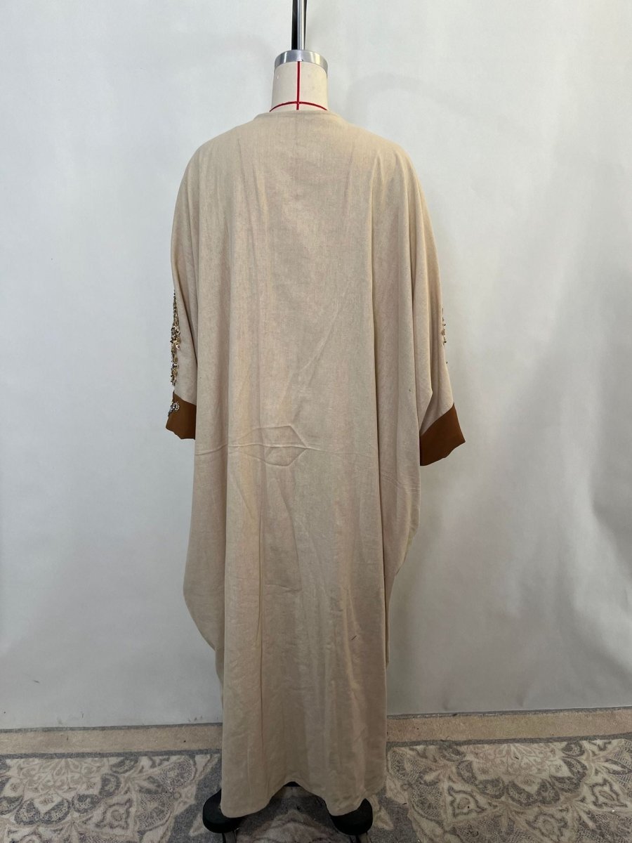 Luxury Rust Bead Muslim Wedding & Party Khaki Gold Embroidered Contrast Jacket Abaya. (MOA158) - Mariam's Collection