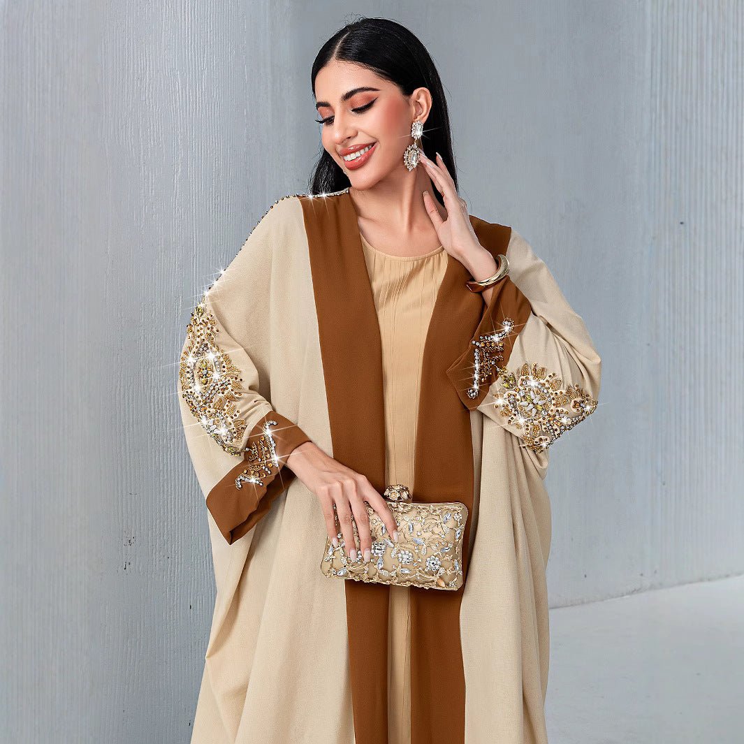 Luxury Rust Bead Muslim Wedding & Party Khaki Gold Embroidered Contrast Jacket Abaya. (MOA158) - Mariam's Collection