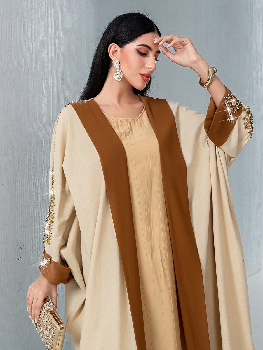 Luxury Rust Bead Muslim Wedding & Party Khaki Gold Embroidered Contrast Jacket Abaya. (MOA158) - Mariam's Collection