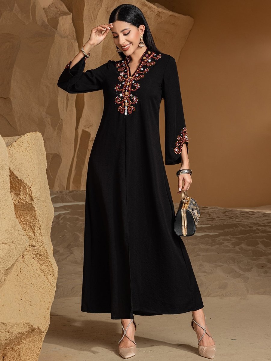 Luxury V - Neck Black & Gold Rice Bead Embroidered Party & Wedding Abaya. (MA187) - Mariam's Collection