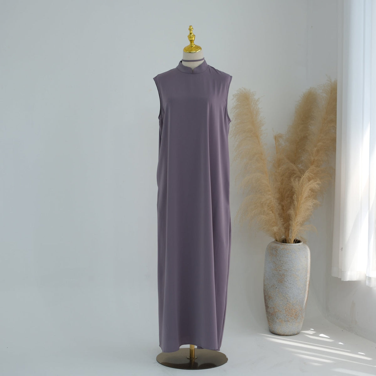 Mandarin-Collar Nida Inner Maxi Dress | Sleeveless Belted Layering Dress(MS569) - Mariam's Collection