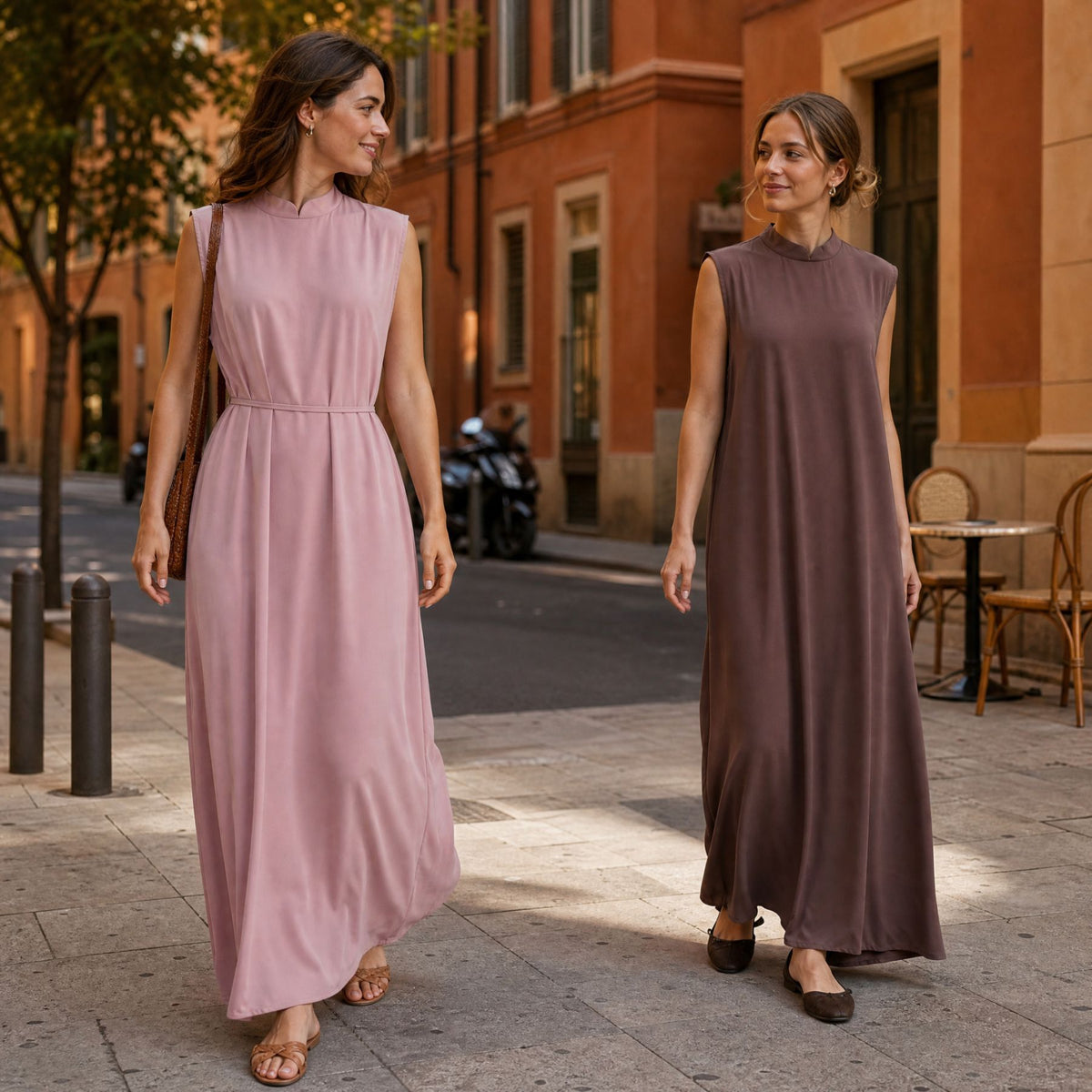 Mandarin-Collar Nida Inner Maxi Dress | Sleeveless Belted Layering Dress(MS569) - Mariam's Collection