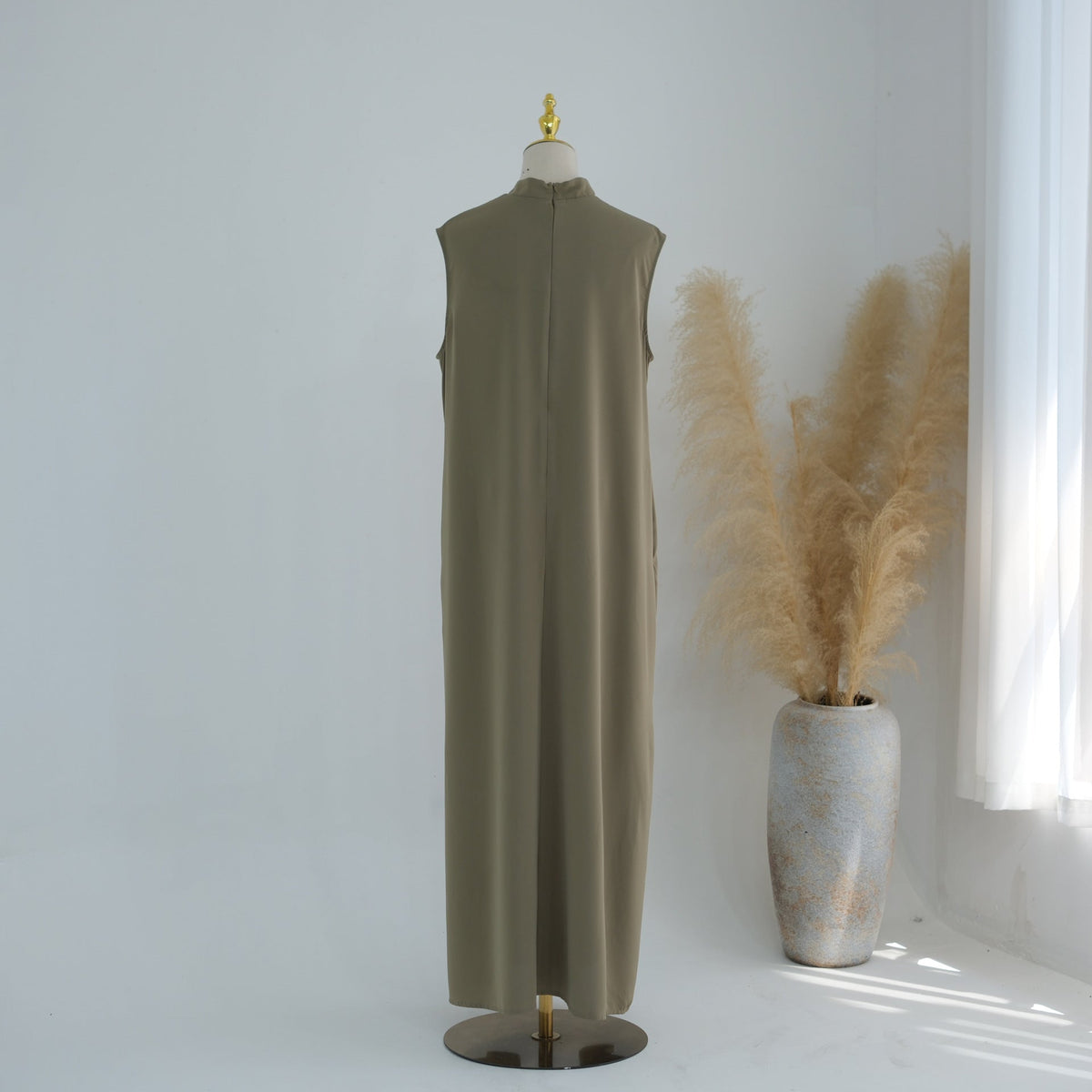 Mandarin-Collar Nida Inner Maxi Dress | Sleeveless Belted Layering Dress(MS569) - Mariam's Collection