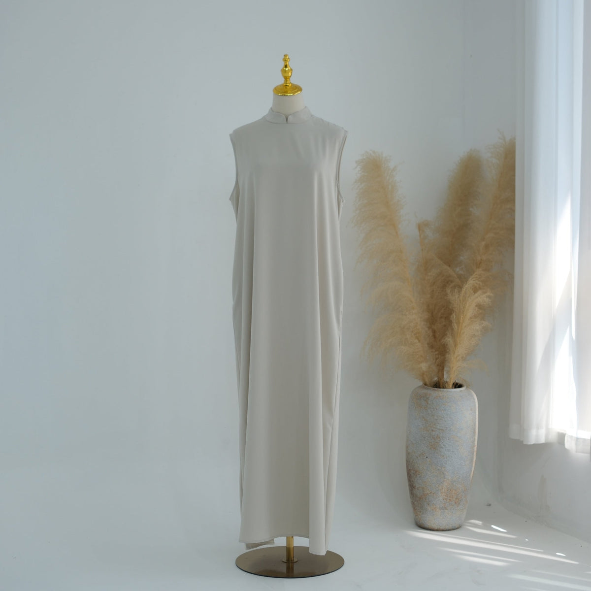 Mandarin-Collar Nida Inner Maxi Dress | Sleeveless Belted Layering Dress(MS569) - Mariam's Collection
