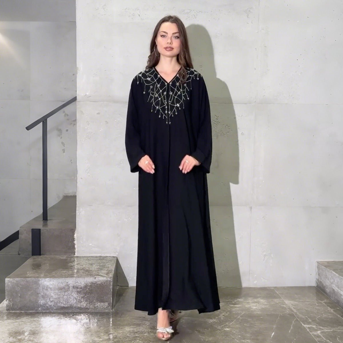 Modest Muslim Loose Fit Black Diamond Embellished V - Neck Abaya Dress(MOA208) - Mariam's Collection