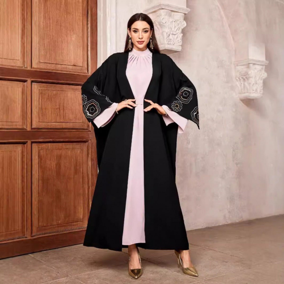 Modest Muslim Luxury Batwing Abaya Set | Black Embroidered Cardigan & Lavender Dress. (MOA181) - Mariam's Collection