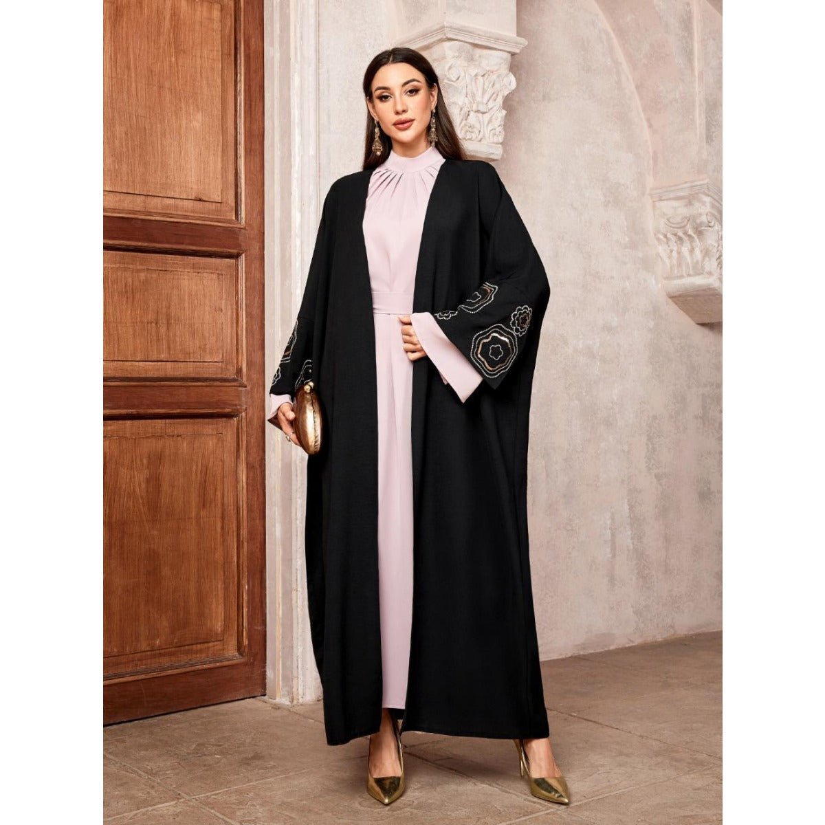 Modest Muslim Luxury Batwing Abaya Set | Black Embroidered Cardigan & Lavender Dress. (MOA181) - Mariam's Collection