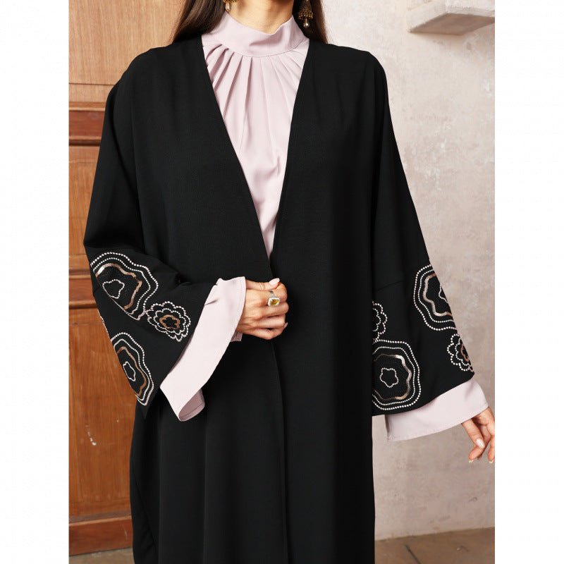 Modest Muslim Luxury Batwing Abaya Set | Black Embroidered Cardigan & Lavender Dress. (MOA181) - Mariam's Collection
