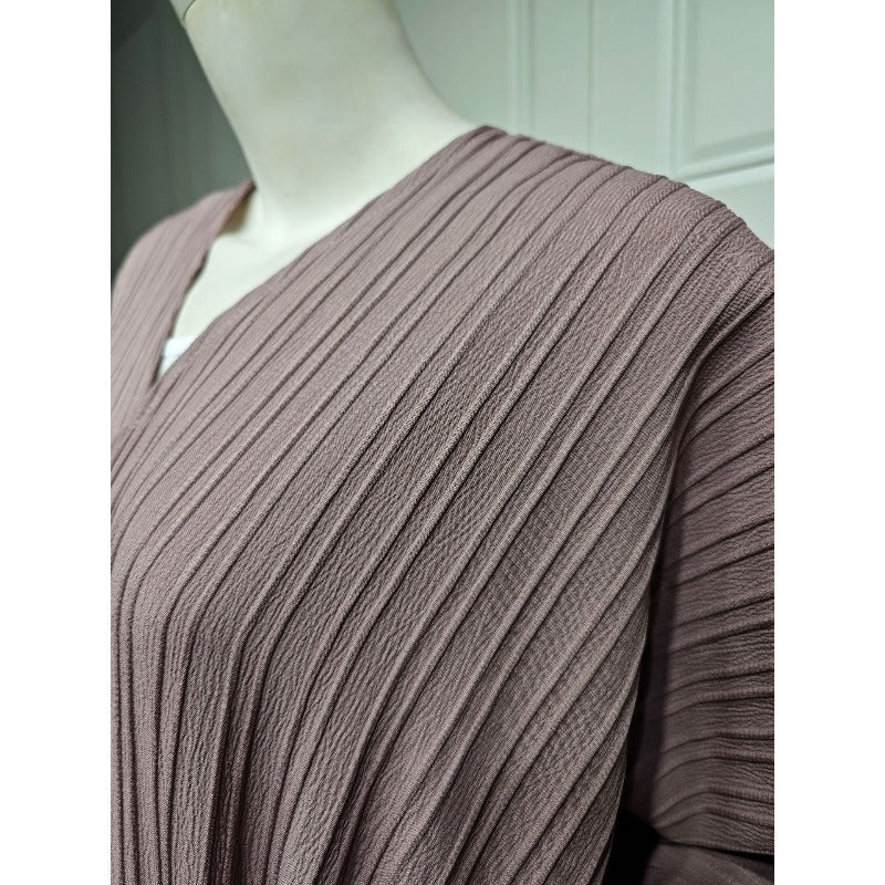 Modest Pleated Striped Abaya Cardigan Robe | V - Neck Bat Sleeve Kimono Cover - Up With Pearl Button(MOA226) - Mariam's Collection