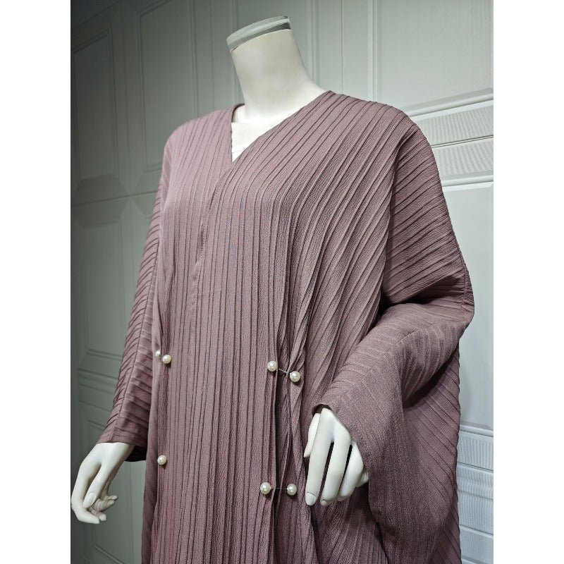 Modest Pleated Striped Abaya Cardigan Robe | V - Neck Bat Sleeve Kimono Cover - Up With Pearl Button(MOA226) - Mariam's Collection
