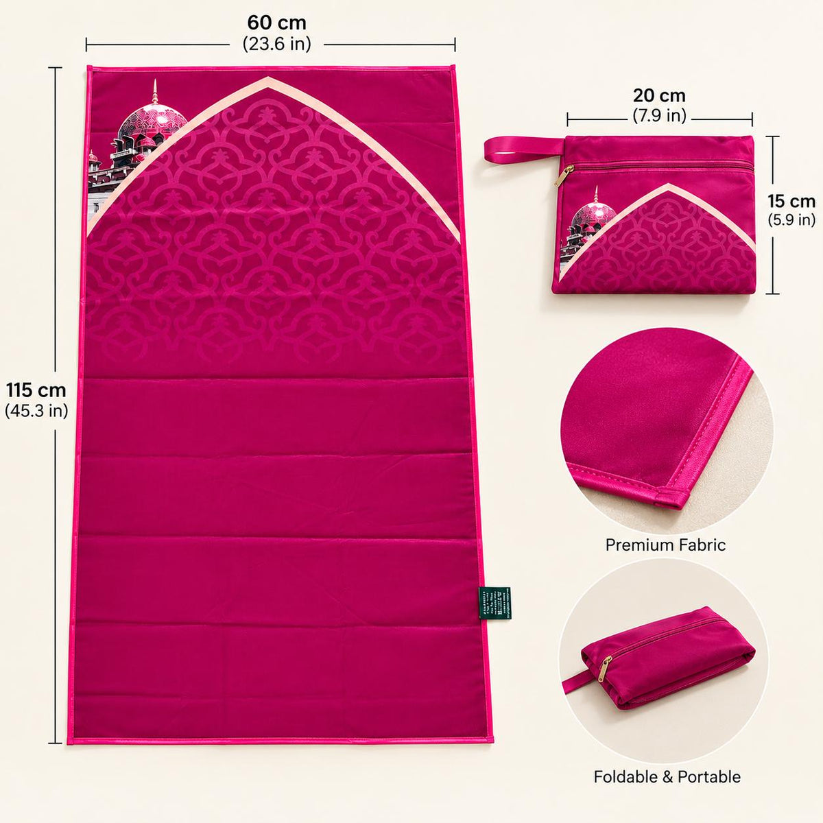 Close-up of mihrab-inspired print on folded Islamic travel prayer mat with zip pouch and carry strap