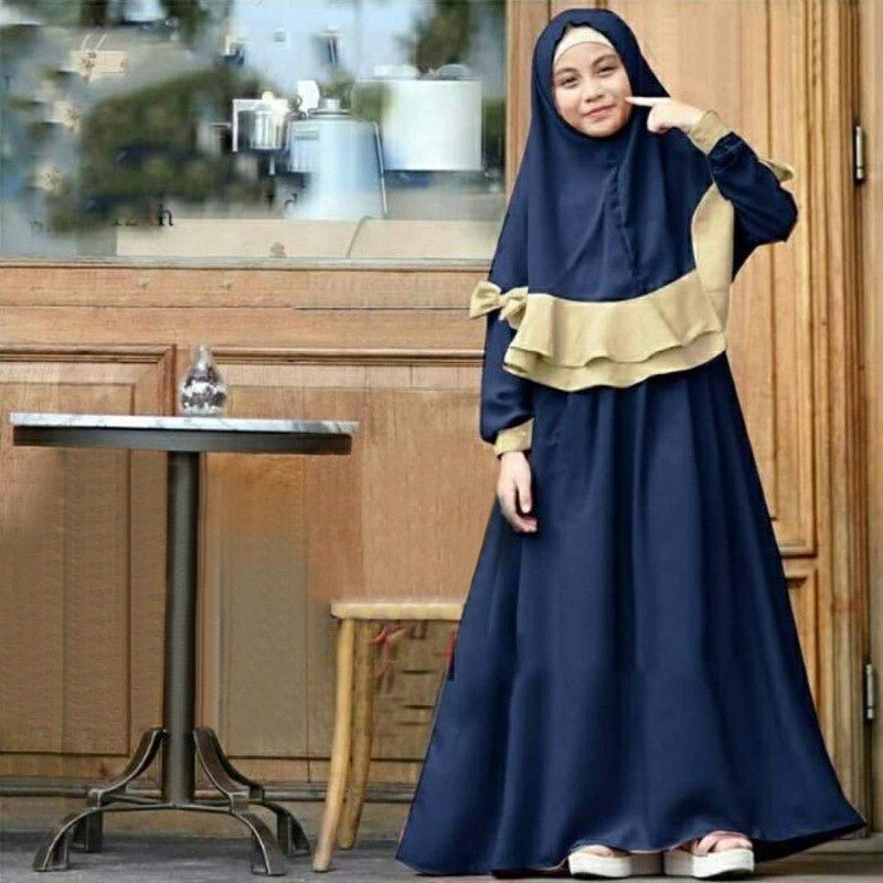 Muslim Girls Dress & Bow Hijab Set with Ruffle Trim (MKG026) - Mariam's Collection