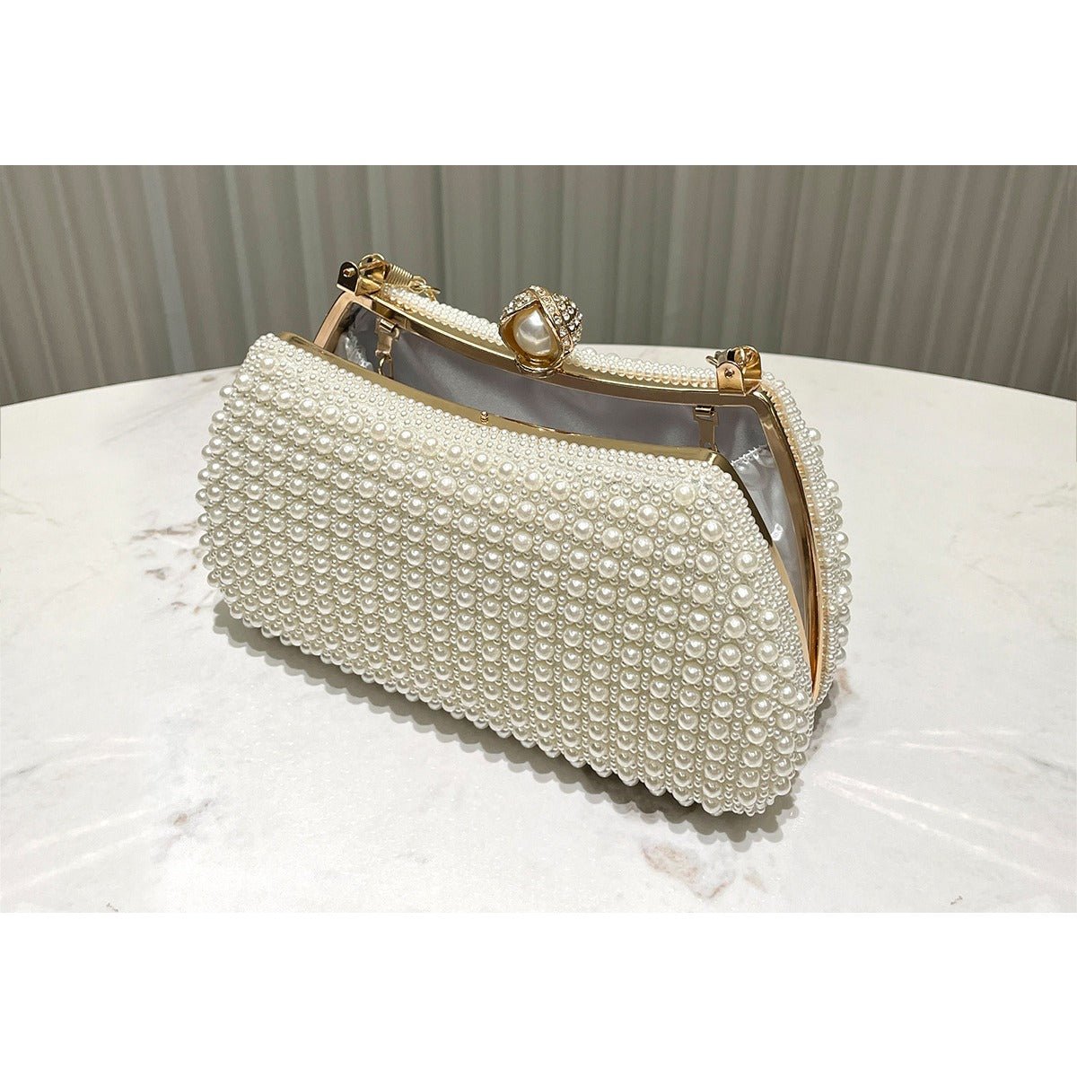 Pearl - Embellished Vintage - Inspired Beaded Box Bag Evening Clutch with Gold Accents. (MAC248) - Mariam's Collection