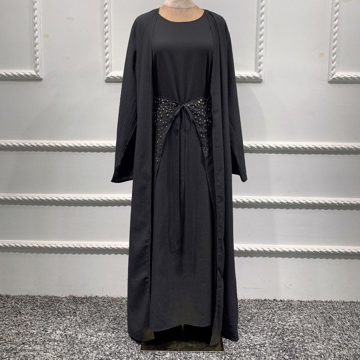Pineapple Crinkle Solid Color Elegant Open Abaya 3 - Piece Set (MOA131) - Mariam's Collection