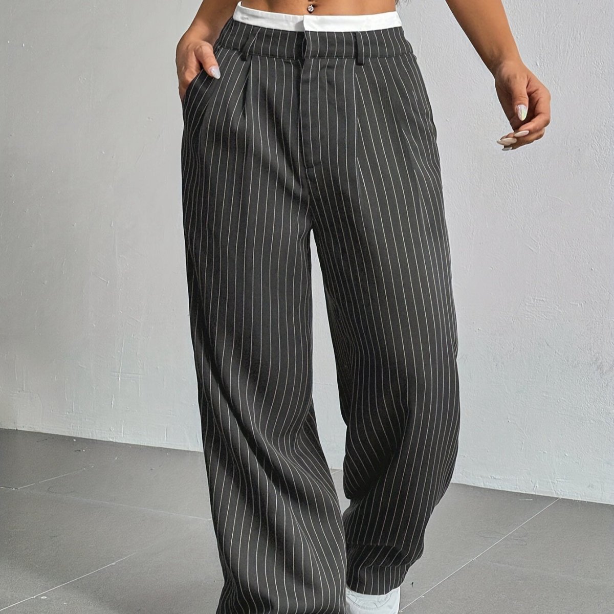 Pinstripe Wide - Leg Pants | High Waist Contrast Waistband Trousers(MS244) - Mariam's Collection