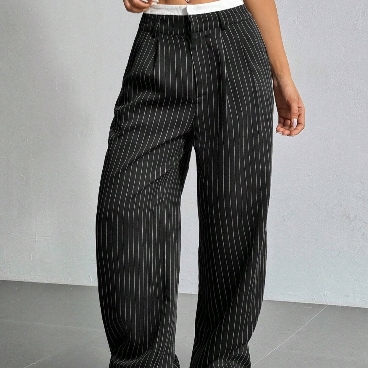 Pinstripe Wide - Leg Pants | High Waist Contrast Waistband Trousers(MS244) - Mariam's Collection