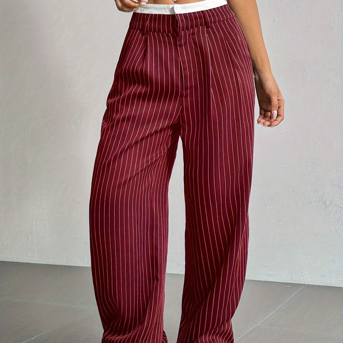 Pinstripe Wide - Leg Pants | High Waist Contrast Waistband Trousers(MS244) - Mariam's Collection