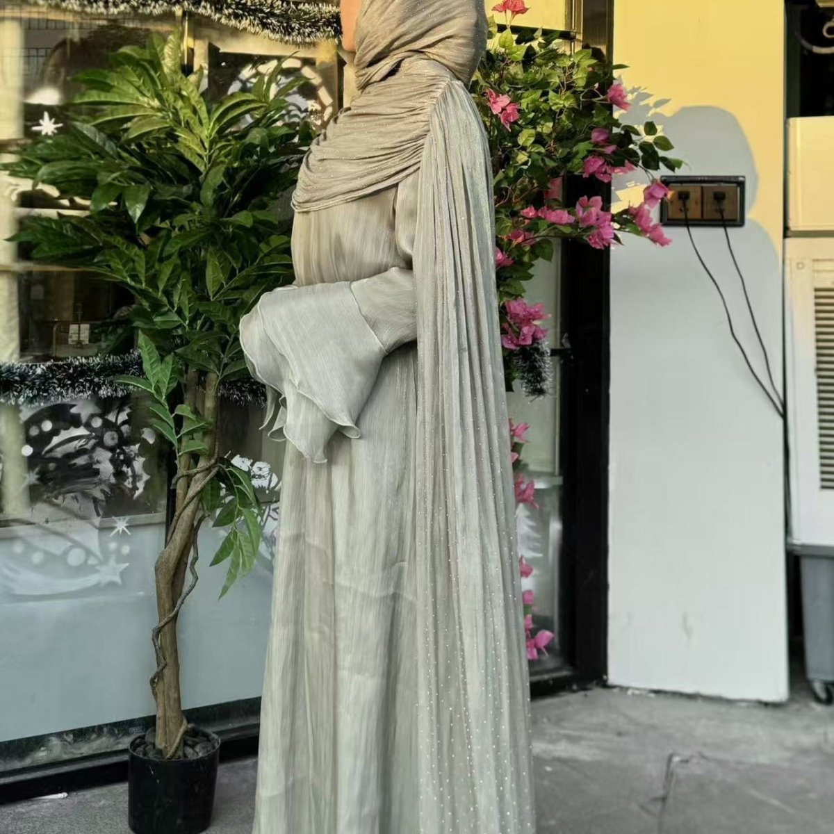 Rhinestone silk abaya in fourth colourway, full-length editorial pose