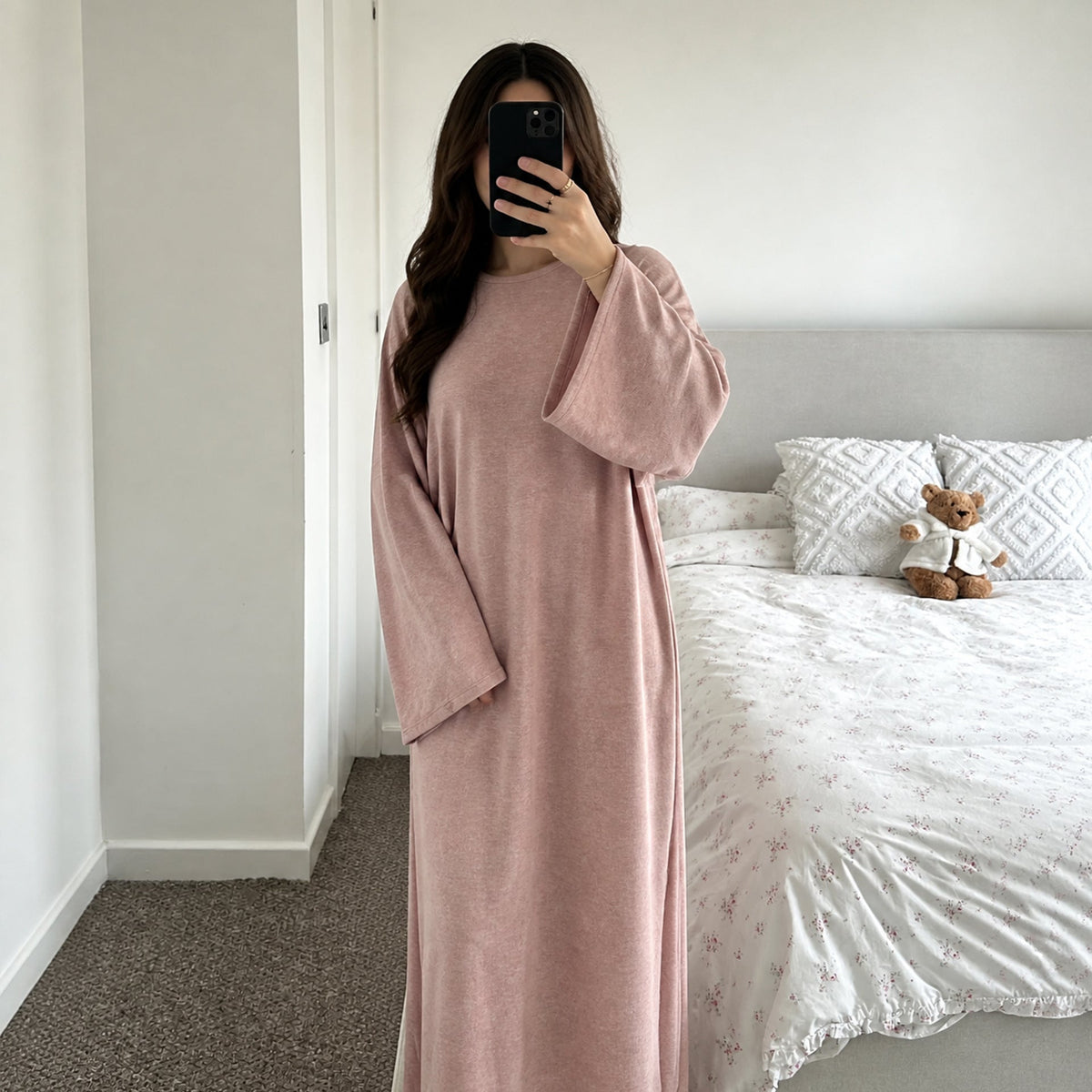 Plus-Size Relaxed Abaya | Solid Long-Sleeve Autumn Dress with Pockets(MA474) - Mariam's Collection