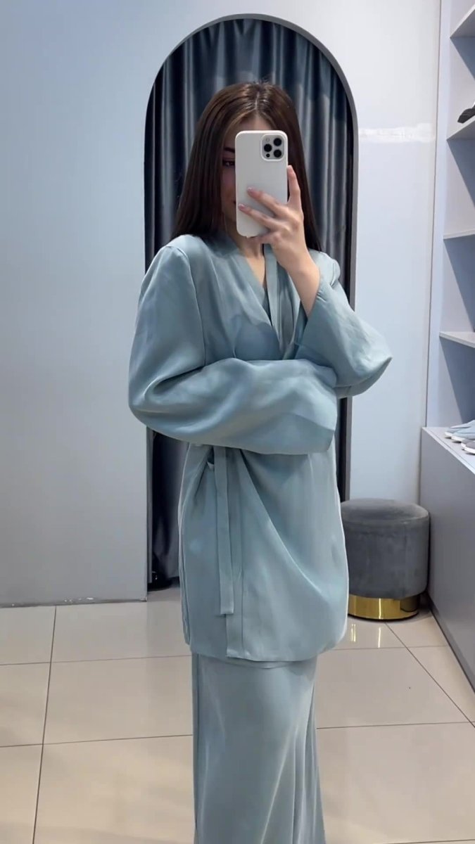 Relaxed Kimono Sleeve Sky Blue Glazed Forged Waist Pajama - Style Abaya Dress Set. (MA209) - Mariam's Collection