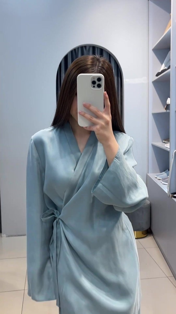 Relaxed Kimono Sleeve Sky Blue Glazed Forged Waist Pajama - Style Abaya Dress Set. (MA209) - Mariam's Collection