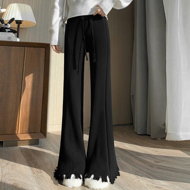 Ribbed Knit Frayed Wide Leg Pants | High Waist Drawstring Flare Pants(MS164) - Mariam's Collection