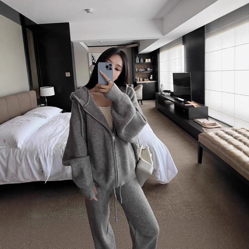 Ribbed Knit Zip - Up Hoodie Autumn Two - Piece Loungewear(MS162) - Mariam's Collection