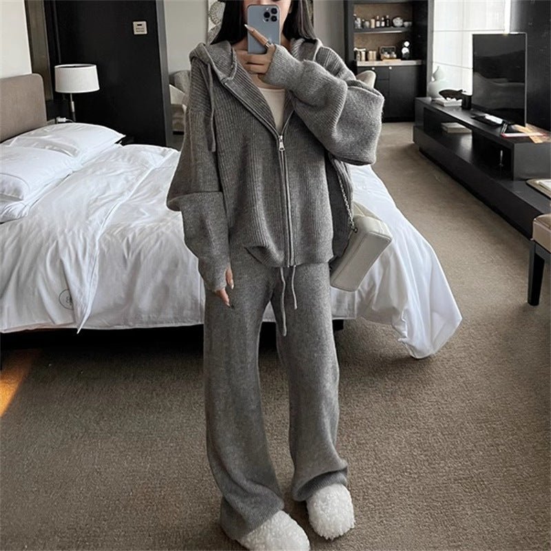Ribbed Knit Zip - Up Hoodie Autumn Two - Piece Loungewear(MS162) - Mariam's Collection