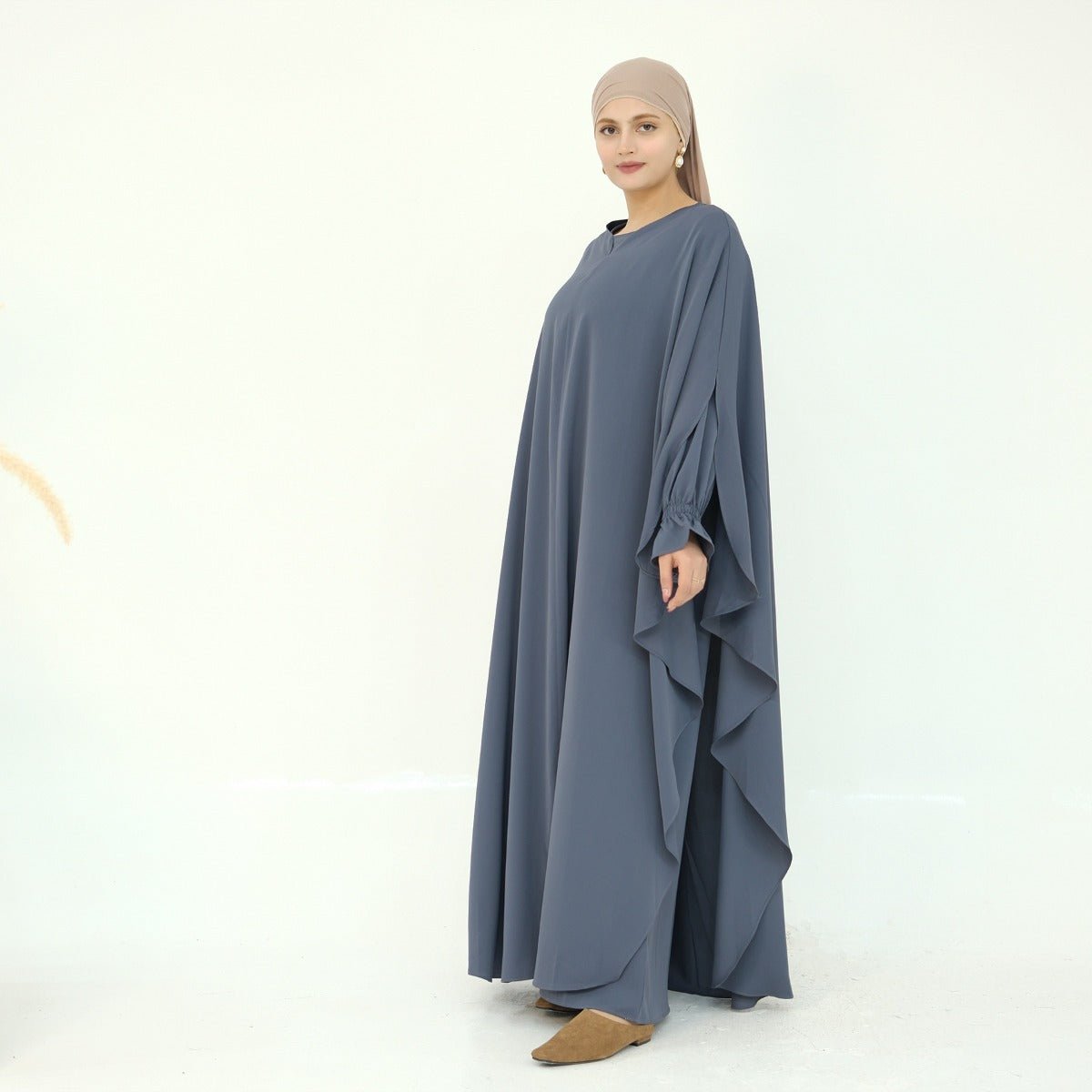 Solid Color Modest Robe Dress Two - Piece Set – Muslim Abaya with Puff Sleeves(MA275) - Mariam's Collection