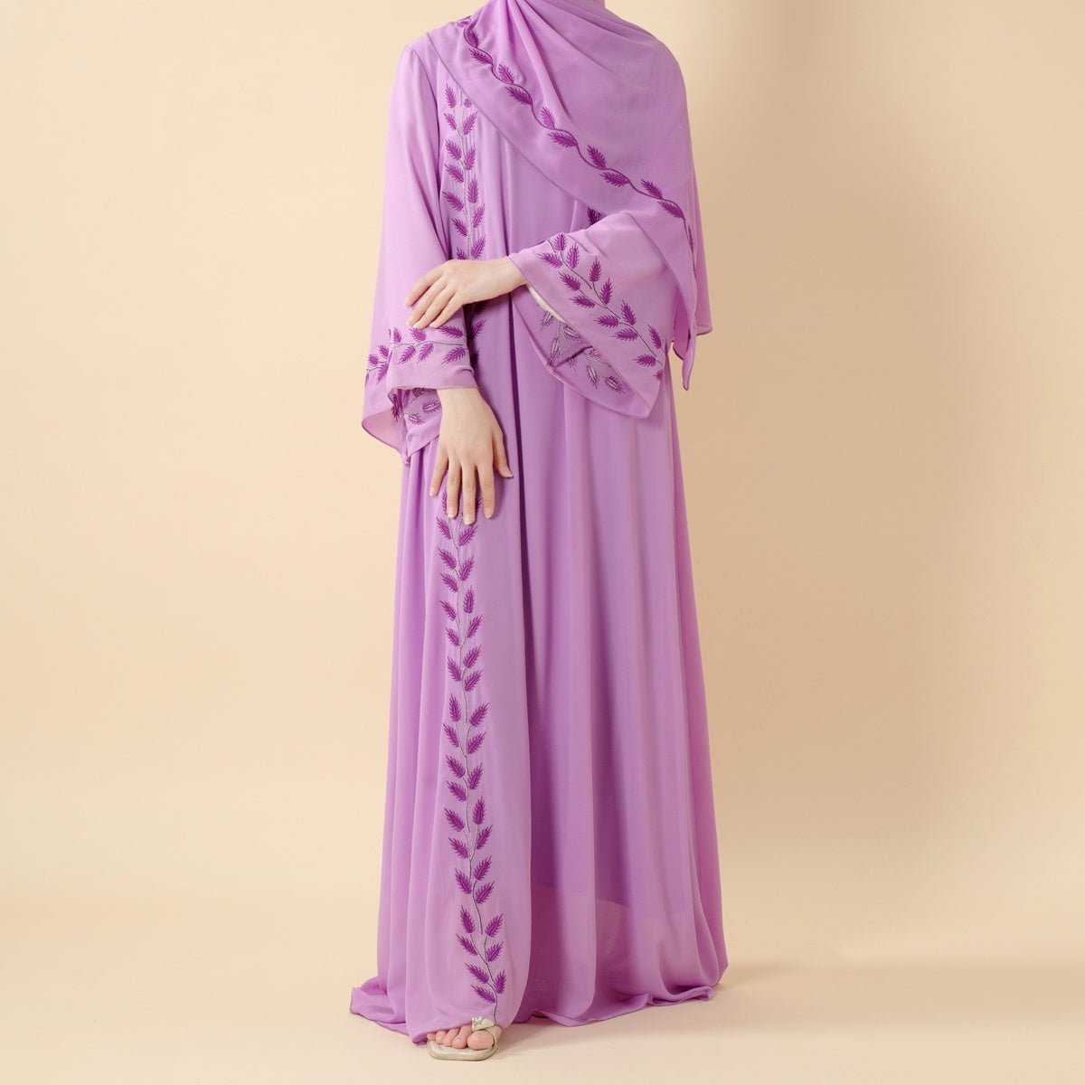 Summer Floral Embroidered Elegant Crew Neck Long Sleeve Chiffon Abaya Dress with Matching Headscarf. (MA230) - Mariam's Collection