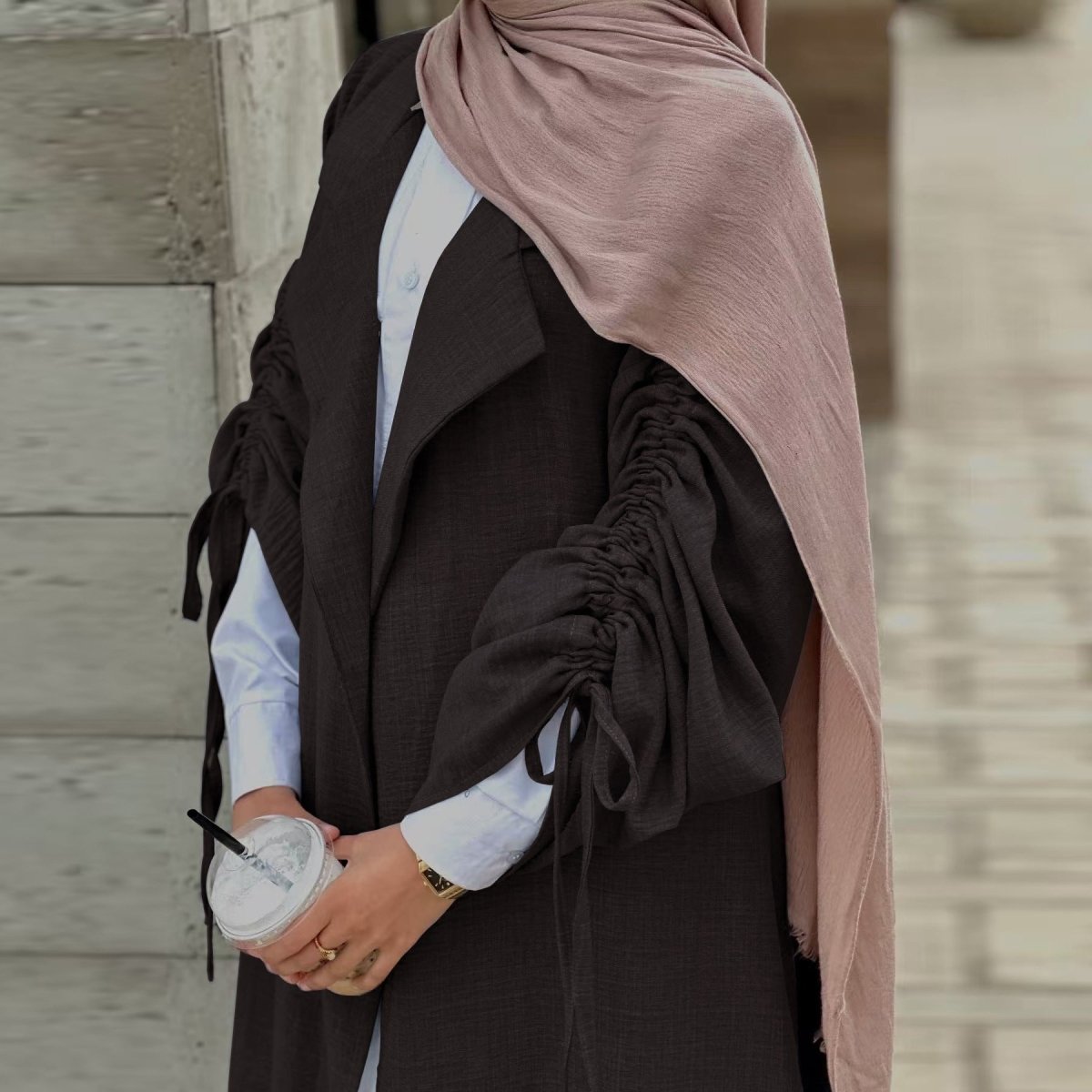Tailored Blazer Cardigan with Ruched Sleeves | Open - Front Twill Blend Jacket(MOA246) - Mariam's Collection