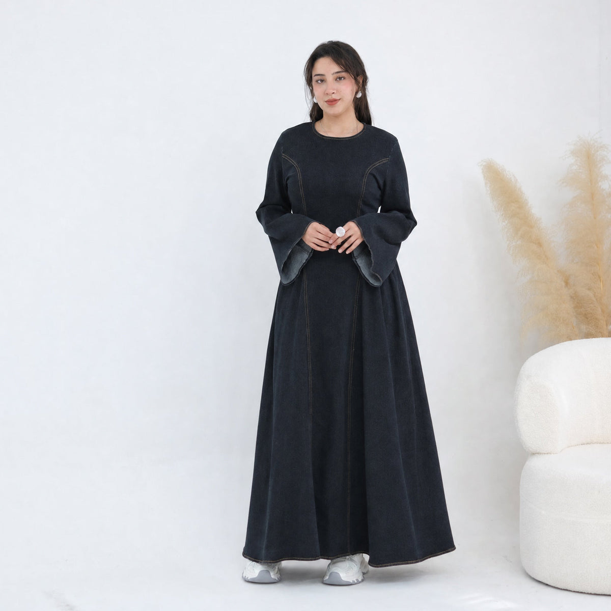 Tencel Denim Round-Neck Flared Maxi Dress(MS563) - Mariam's Collection