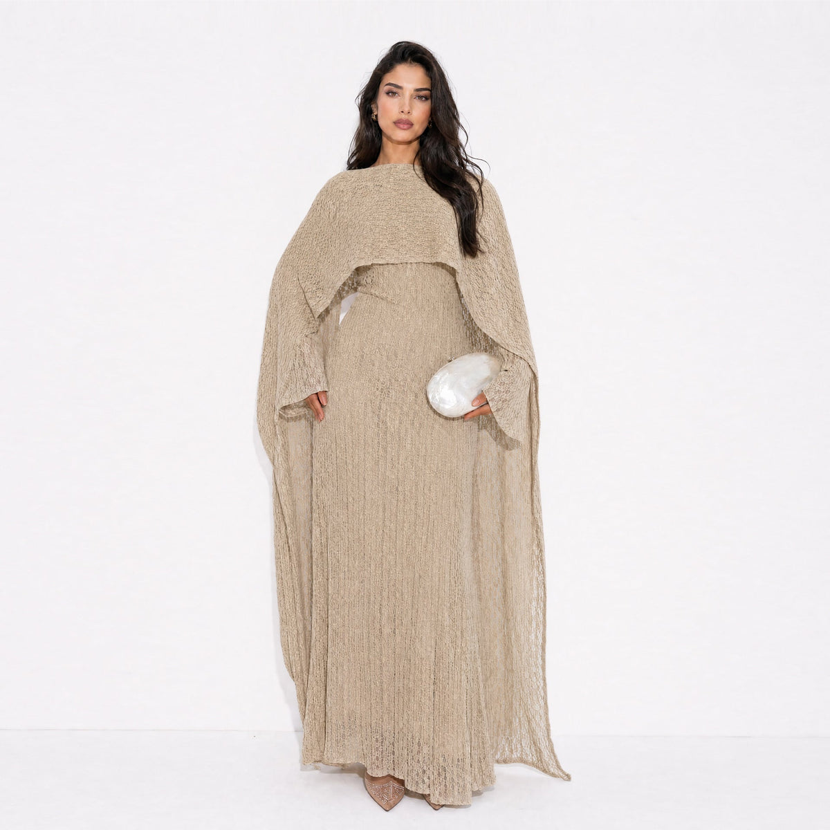 Floral Lace Cape-Sleeve Maxi Dress – Modest Occasion Dress