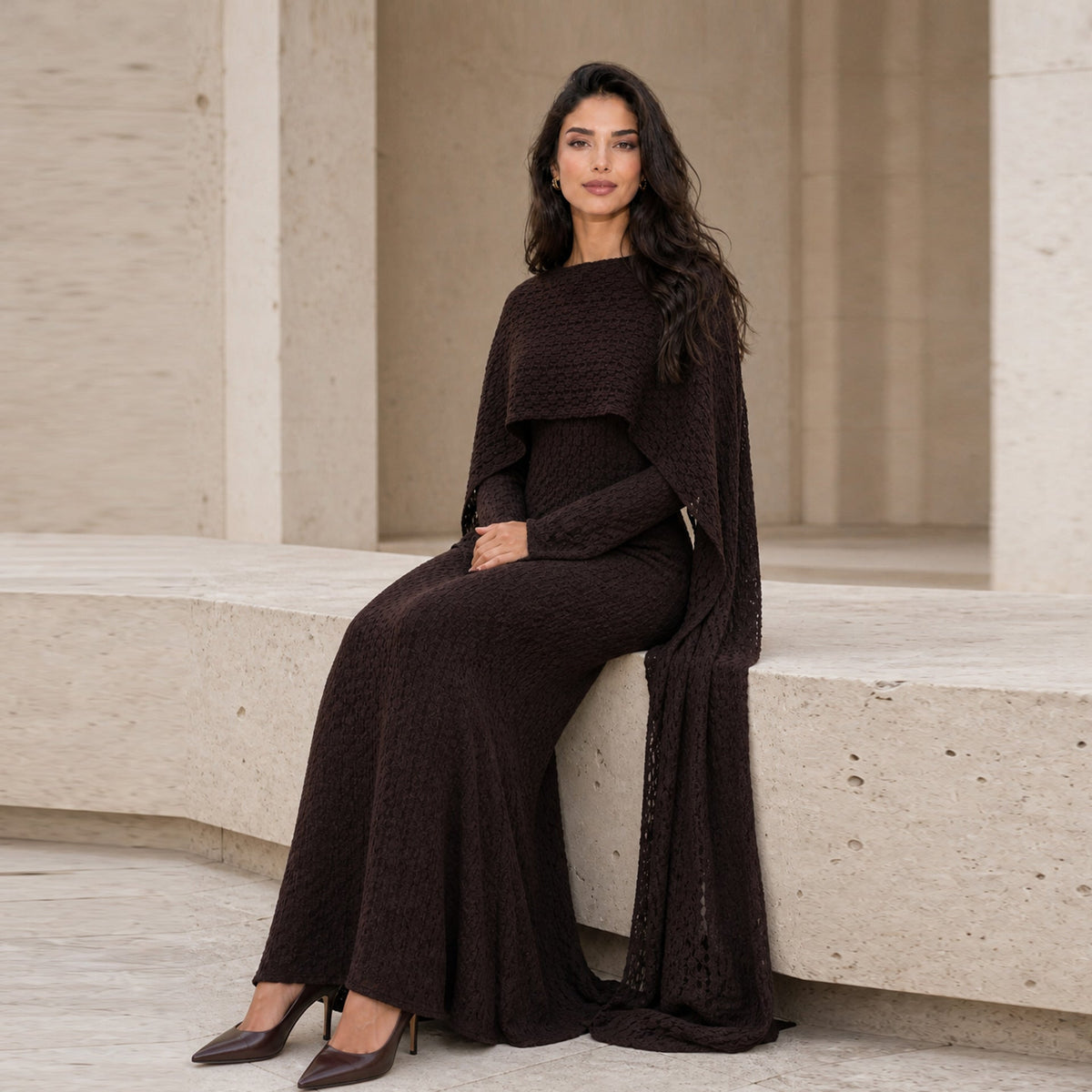 Floral Lace Cape-Sleeve Maxi Dress – Modest Occasion Dress