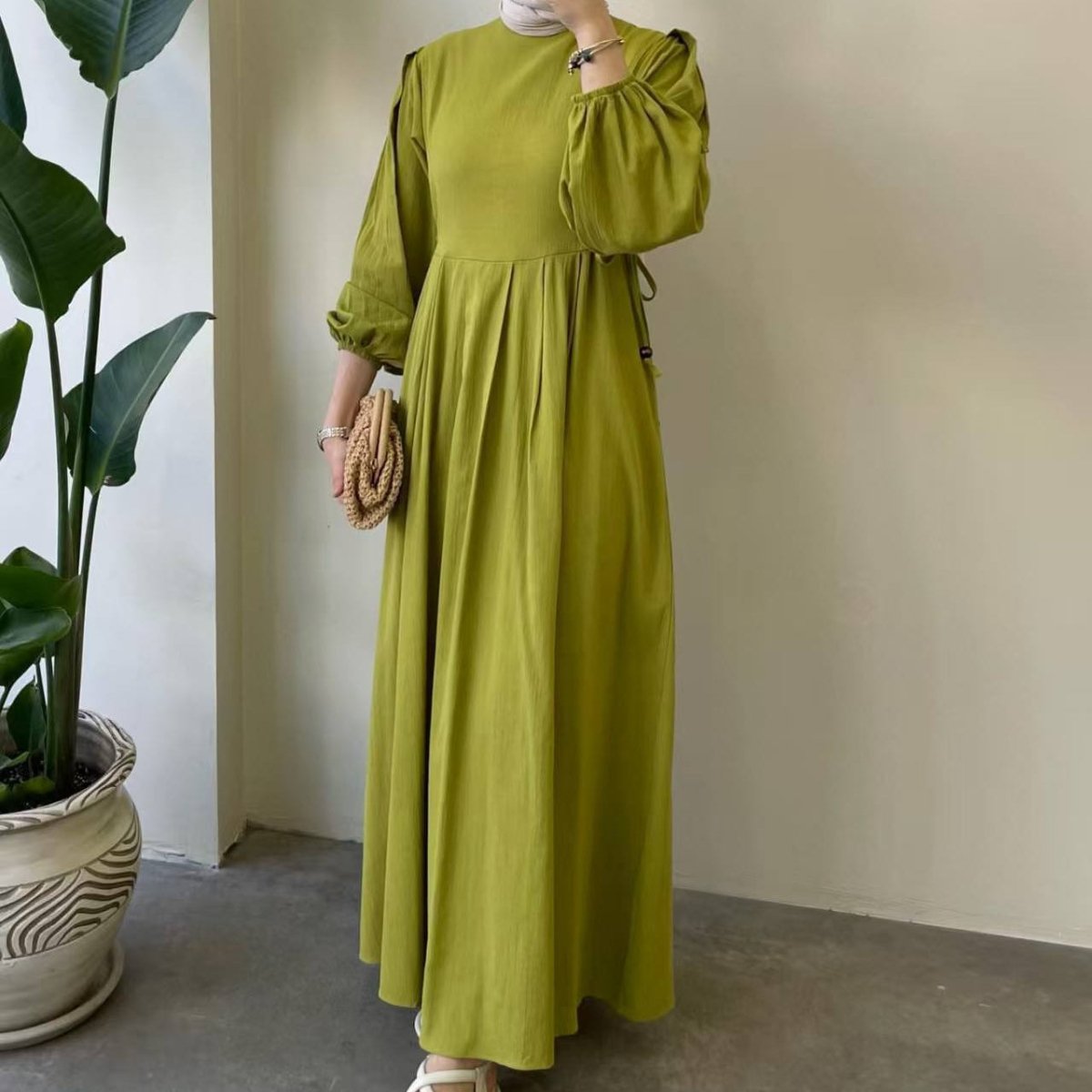 Tie-Waist Bubble Sleeve Abaya | Pleated Maxi Dress Abaya with Back Zip