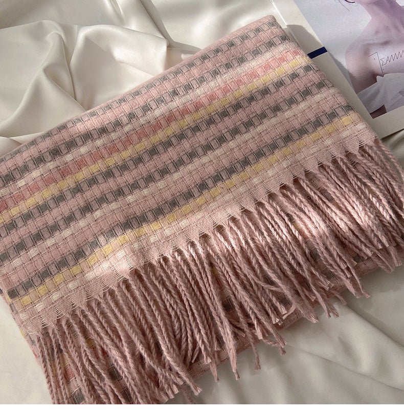 Vibrant Plaid Scarf Faux Wool Warm Shawl with Fringe (MAC334) - Mariam's Collection