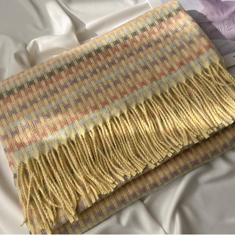 Vibrant Plaid Scarf Faux Wool Warm Shawl with Fringe (MAC334) - Mariam's Collection