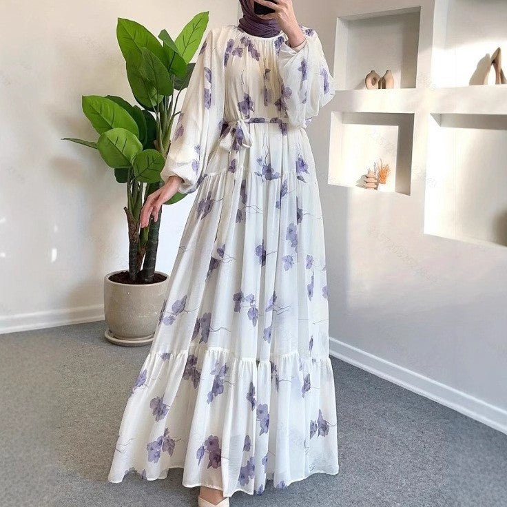 Watercolor Floral Maxi Dress | Long Sleeve Belted Tiered Dress(MS273) - Mariam's Collection