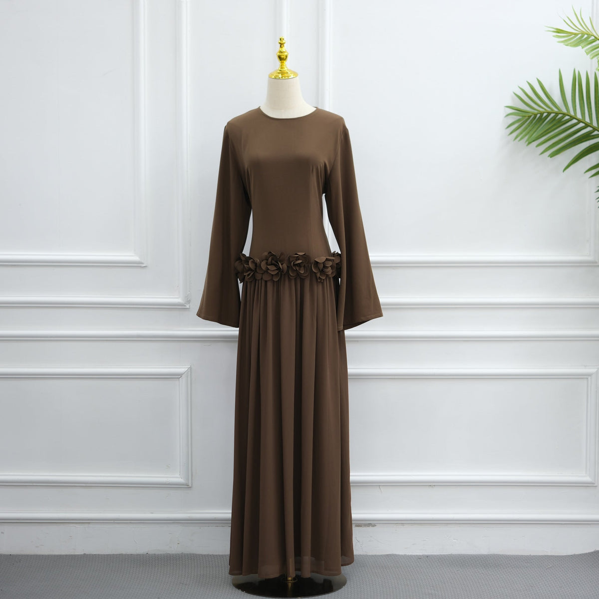 Three-quarter back view of lace-up corset panel on maxi dress