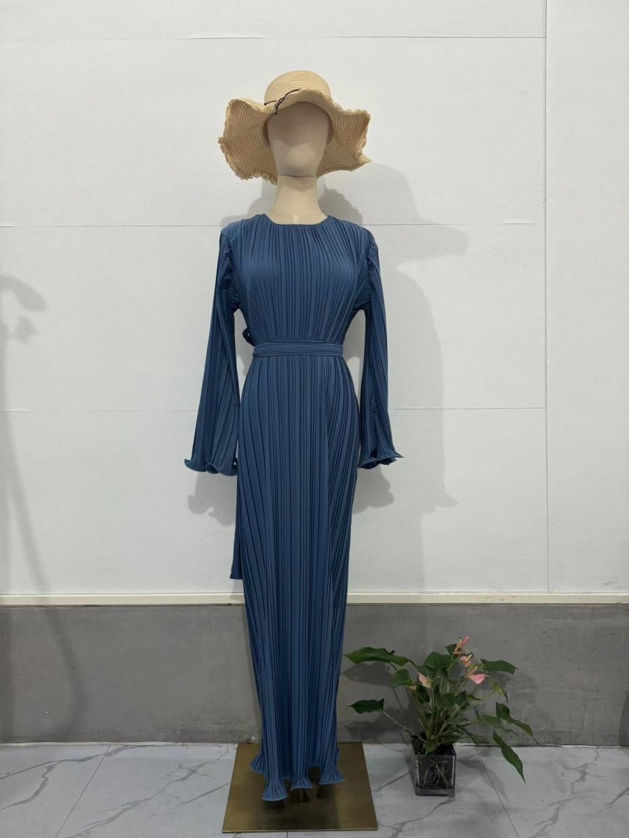 Autumn New Pleated Flared Sleeve Wedding Guest Dress Abaya with Belt. (MA193) - Mariam's Collection