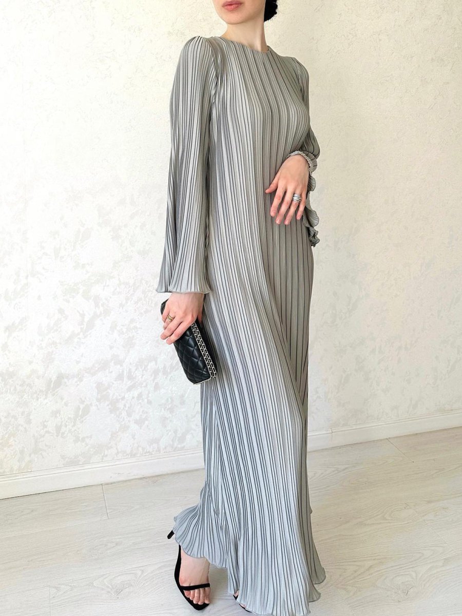 Autumn New Pleated Flared Sleeve Wedding Guest Dress Abaya with Belt. (MA193) - Mariam's Collection
