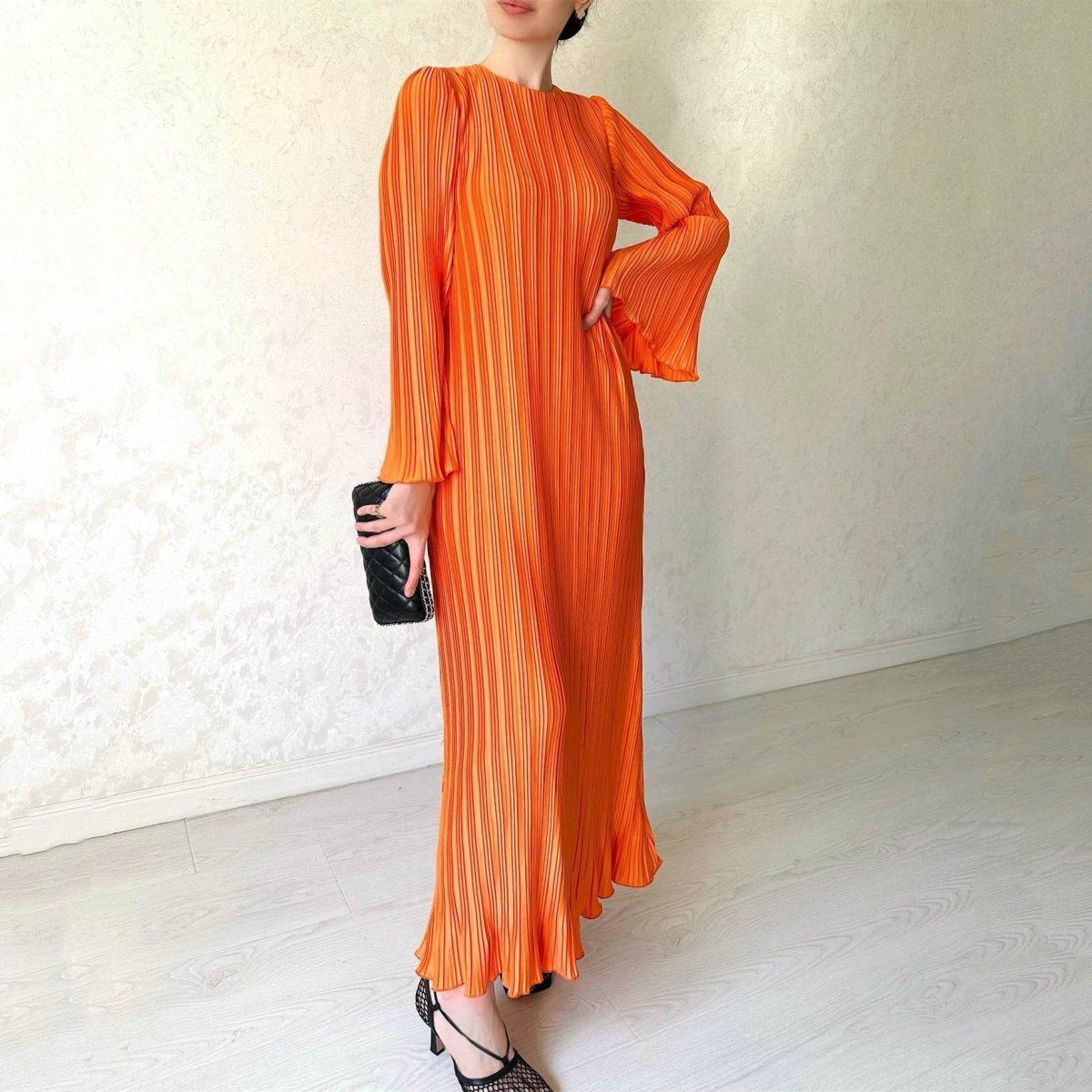 Autumn New Pleated Flared Sleeve Wedding Guest Dress Abaya with Belt. (MA193) - Mariam's Collection